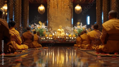 Buddhist temple ceremony, monks and devotees gathered in glowing golden hall offering prayers and flowers, sacred atmosphere.