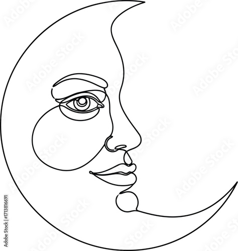 Minimalist crescent moon face line art drawing serene night sky celestial icon vector