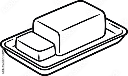 Hand drawn butter dish with fresh butter block and slice vector