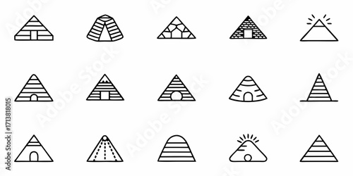 Collection of simple, charming pyramid icons representing ancient structures, modern designs, and abstract concepts for diverse projects.