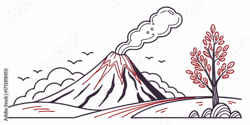 Dynamic volcano erupting with smoke plumes amidst a stylized landscape featuring a lone tree and soaring birds
