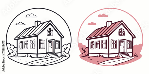 Charming illustration of a quaint home surrounded by nature, perfect for real estate or lifestyle concepts.