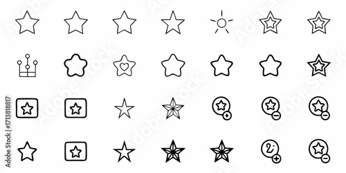 Diverse star icon collection featuring simple outlines, filled shapes, and interactive elements for ratings or favorites