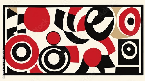 Abstract Composition of Circles, Squares, and Curves in Bold Red, Black, and Cream