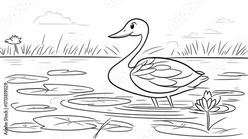 Cartoon Swan in Pond with Lily Pads, Black and White Outline
