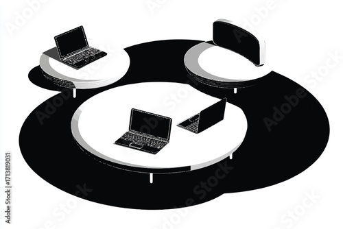 Modern Workspace Illustration with Laptops on Tables and a Minimalist Chair for Collaborative Work Environment