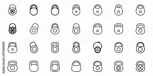 Dynamic collection of diverse kettlebell icons representing strength training and fitness routines for modern workouts