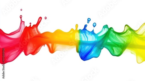 Vibrant Rainbow Paint Splash: Fluid Motion on White Canvas, Artistic Expression