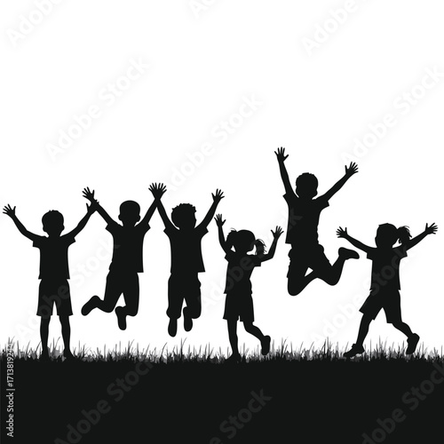 Silhouettes of children jumping with arms raised in grass