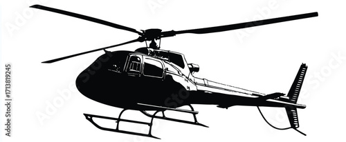 Monochrome Illustration of a Helicopter in Flight with Rotor Blades Spinning and Landing Gear Deployed
