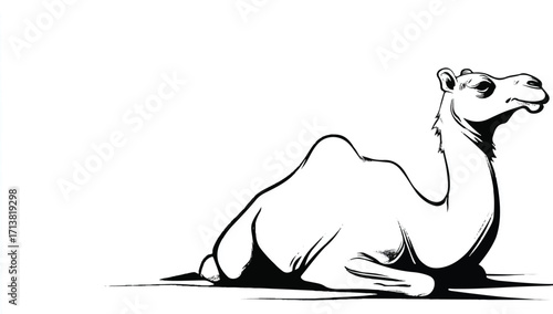 Monochrome illustration of a relaxed camel lying down in the desert sun perfect for storybooks and design