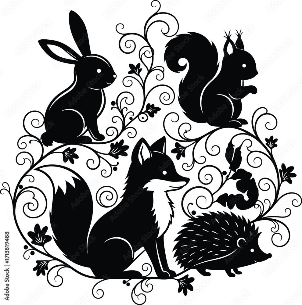 Fototapeta premium A seamless pattern of funny black and white cartoon cats, rabbits, and other animals