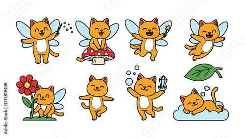 Magical Cat's Adventures: A whimsical illustration showcases a collection of charming cartoon cats with fairy wings, each engaging in delightful activities, radiating joy and playful enchantment.