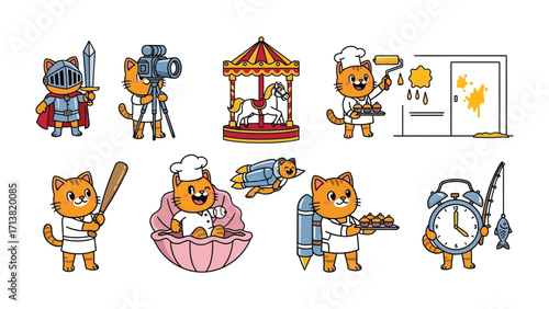 Whimsical Feline Activities: Delightful cartoon cat illustrations engaging in various playful activities, embodying creativity and lightheartedness.
