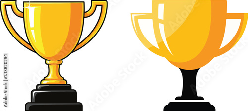 Two shiny golden trophies on a clean white background, symbolizing success and achievement.