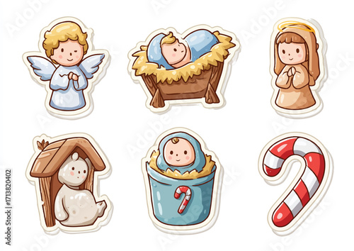 Nativity Scene Cartoon Stickers Featuring Angel Baby Jesus Mary Sheep and Candy Cane Elements