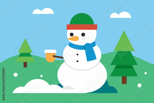 Cartoon snowman building in a meadow vector illustration