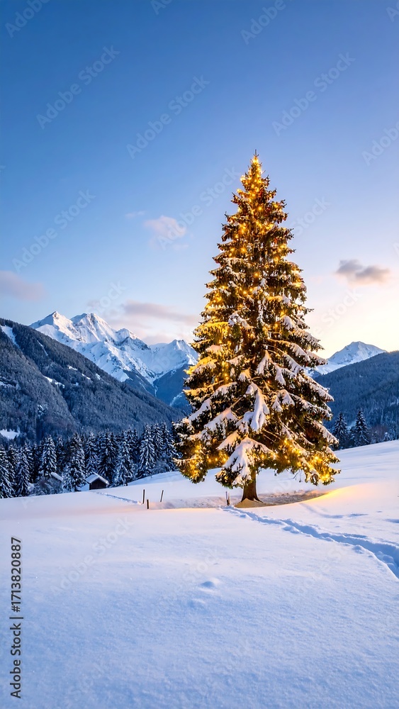 Fototapeta premium Snowy Christmas tree in a wintry landscape