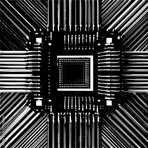 Abstract black and white rendering of a microchip with intricate circuit patterns and connections