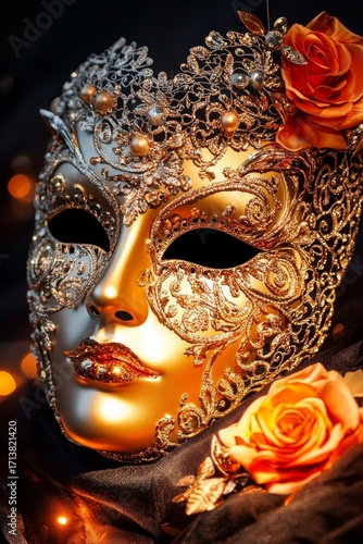 A stunning gold Venetian mask adorned with intricate decorations.