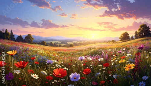A vibrant panorama of a sun-drenched meadow overflowing with wildflowers, stretching towards a distant mountain range under a colorful sunset sky.