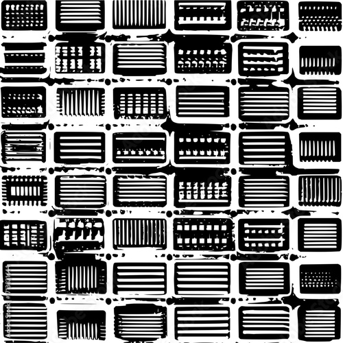 Black and white pattern of rectangular shapes with varying internal line arrangements in a grid format