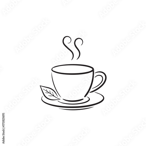 Minimalist Line Art Illustration of a Steaming Teacup with a Tea Leaf on a Saucer