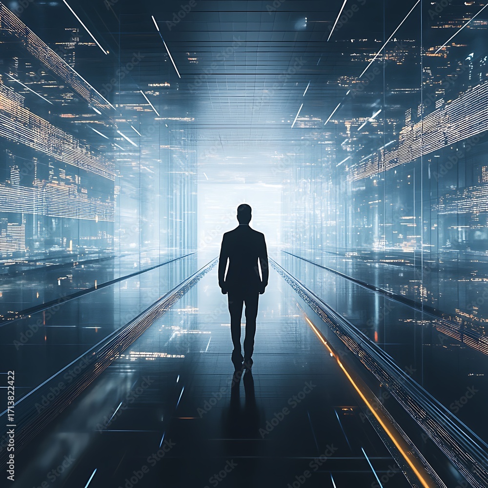 Obraz premium Man walks into a futuristic digital data tunnel of light