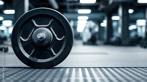 A solitary weight plate on rubber flooring with metallic reflections in soft gym lighting.