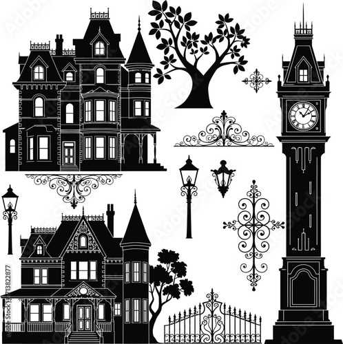 Vector illustration of an old European town with vintage buildings, houses, and a medieval castle