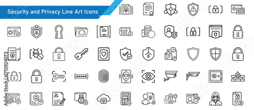 Security and Privacy Line Art Icon Set, Cybersecurity Data Protection Shield Lock Password Fingerprint VPN Privacy Icons Collection