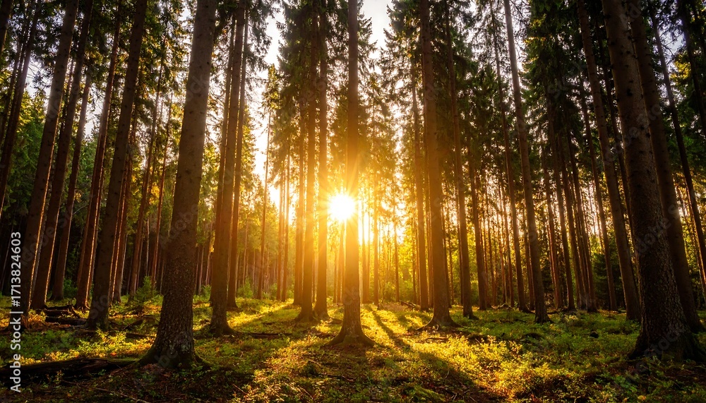 Fototapeta premium Sunlight streams through a dense forest (1)