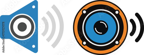 Two Stylized Speaker Icons Emitting Sound Waves on White