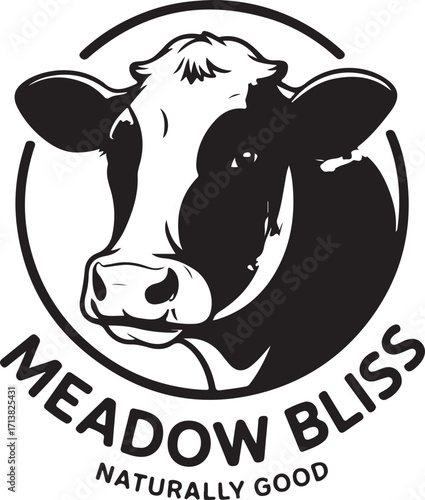 Black and White Dairy Cow Head Illustration in Circular Design