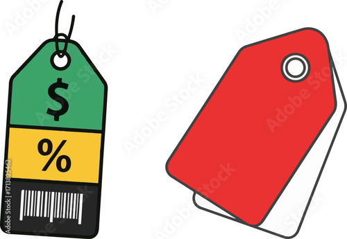 Colorful Price Tags with Sale, Discount, and Barcode Symbols for Retail and Shopping Concepts