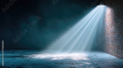 Dramatic Spotlight Beam Shining in Dark Room with Brick Wall and Textured Floor in Moody Lighting for Backgrounds and Visual Effects