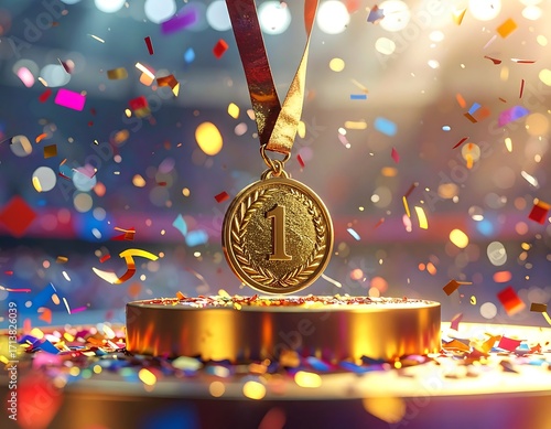 Golden medal on a podium amidst confetti