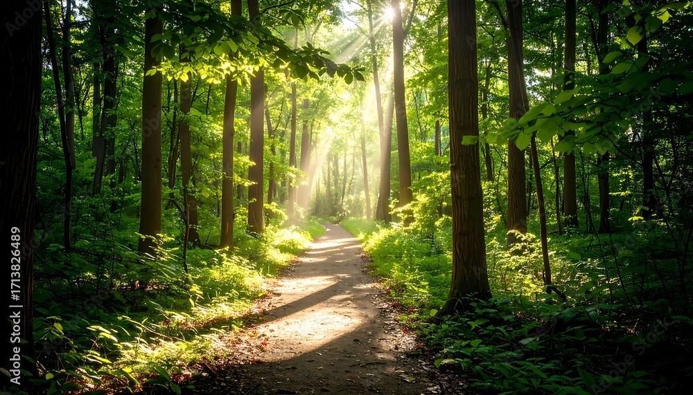 Obraz premium Sunlight streams through a forest path