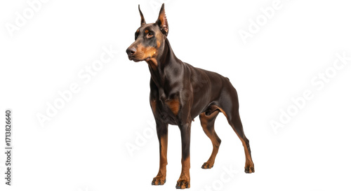 Fotografia Isolated Doberman pinscher standing at attention, looking to left side, muscular