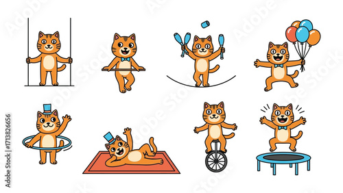 Whimsical Circus Cat Show: Playful illustrations of a charming cat in a circus act, demonstrating the playful spirit and artistry of performance and amusement. 