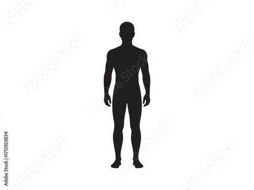 Black silhouette of man standing front view, simple human body shape vector icon on white background

