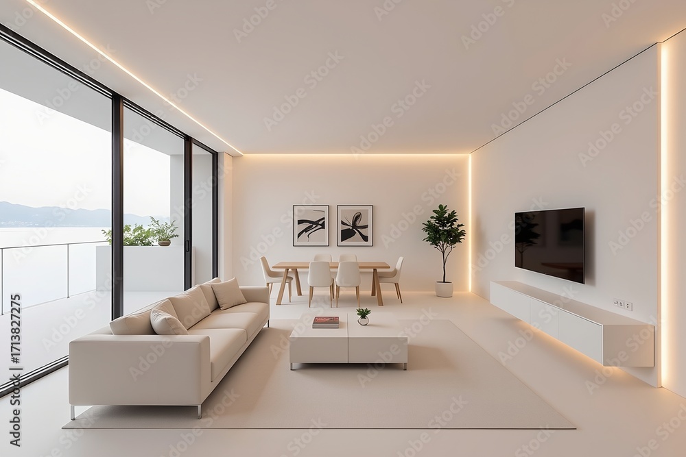 Fototapeta premium Modern Minimalist Living Room with White Interiors and Natural Light