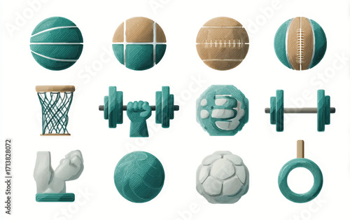Sports equipment illustration featuring basketball medicine ball american football dumbbell punching bag gymnastic ring hand arm sculpture
