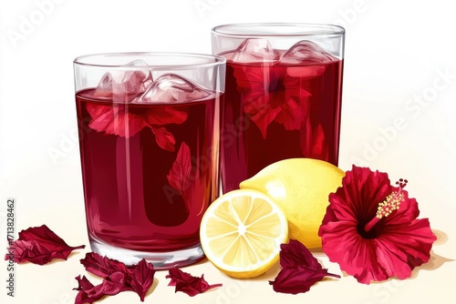 Refreshing hibiscus drinks with ice, adorned with vibrant petals and a lemon slice, perfect for summer.