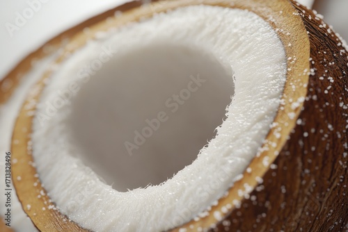 Close-up of a coconut shell showcasing its intricate texture and white fibrous interior.