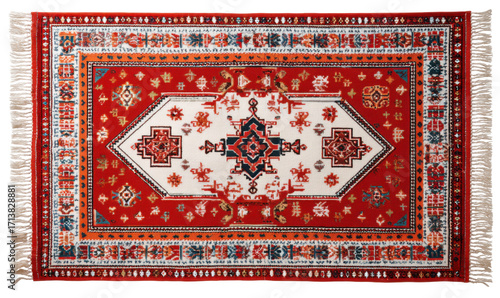 Ornate rectangular rug with vibrant colors and intricate patterns