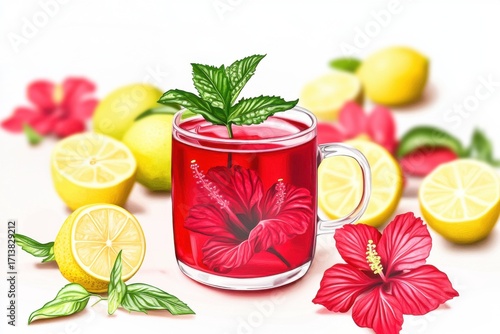 A refreshing hibiscus beverage garnished with mint, surrounded by vibrant lemons and hibiscus flowers.