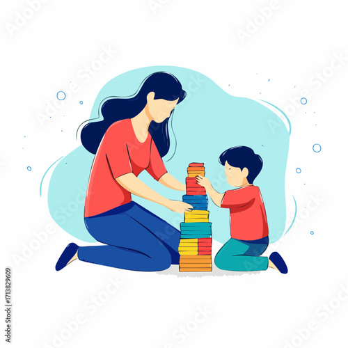 Vector image of Mother and child building colorful towers with wooden blocks learning through play activities