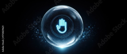 Futuristic Security Orb - Luminous Stop Hand Icon Glowing in a Crystal Sphere.
