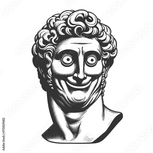 bust of an ancient Greek statue with curly hair, wide eyes, and exaggerated comic smile for humorous effect sketch engraving generative ai vector illustration. Scratch board. Black and white image.